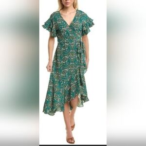 Max Studio Midi Dress Women's Medium Green Floral Wrap Ruffle Cap Sleeve Cottage